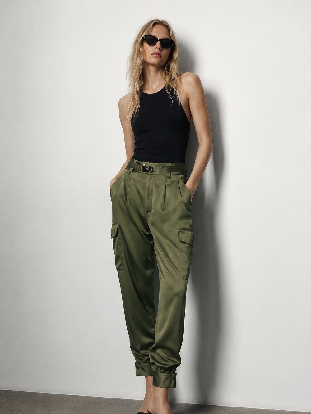 GUESS Olive Satin Cargo Jogger Pants | Utility Tapered Ankle | Size 8